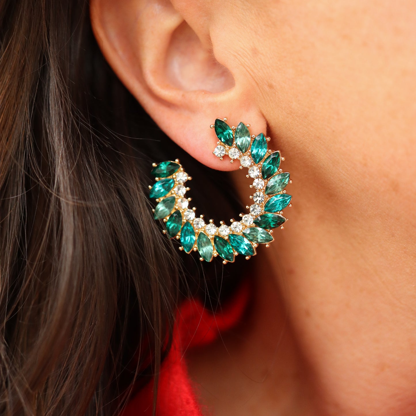 Pave Marquise Circle Earrings- Green